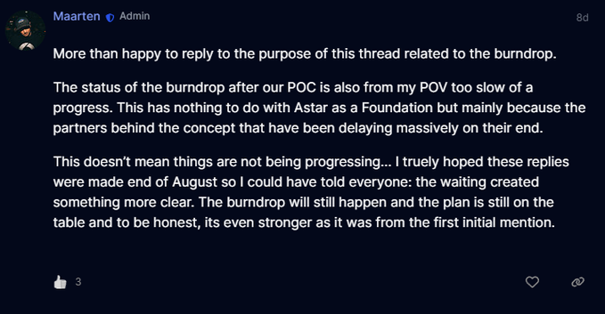 A Discord post by Admin 'Maarten' discussing burndrop progress, mentioning Astar Foundation and noting that 'The burndrop will still happen and the plan is still on the table.'