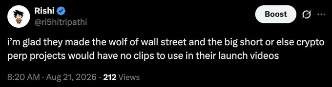 The image shows a tweet by Rishi (@ri5hitripathi) that reads: "i'm glad they made the wolf of wall street and the big short or else crypto perp projects would have no clips to use in their launch videos." The tweet humorously suggests that new crypto perpetual futures projects, like the Drake mainnet launch mentioned, rely heavily on stock footage from Wall Street movies for promotional content.