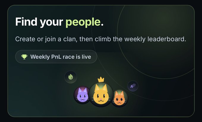 A digital card reading 'Find your people.' with text 'Create or join a clan, then climb the weekly leaderboard' and a badge stating 'Weekly PnL race is live,' featuring three cartoon cat icons.