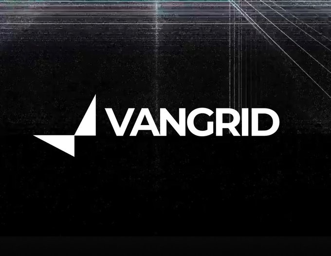 A bold 'VANGRID' logo with a geometric triangular icon displayed against a dark background with glitch/static visual effects.