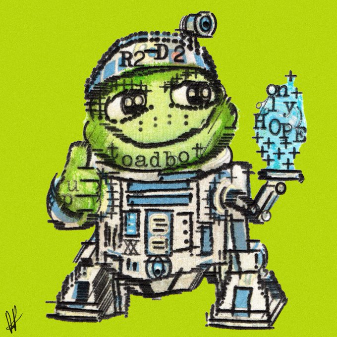 A pop-art style illustration of a green frog character resembling R2-D2, wearing a white and blue outfit with 'R2-D2' on its head, holding a blue object reading 'HOPE' against a neon green background.