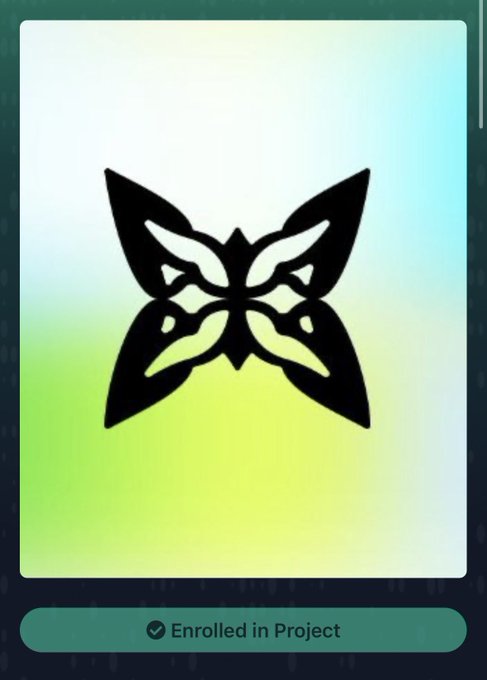 The image features a graphic design of an intricately designed butterfly with its wings spread wide open, set against a background of light green and blue colors. The butterfly's vibrant design is prominently displayed against this backdrop. Below the butterfly, there is a text box containing some information about the artwork, including that it has been "Enrolled in Project" and tagged by a person named "@quipnetwork".