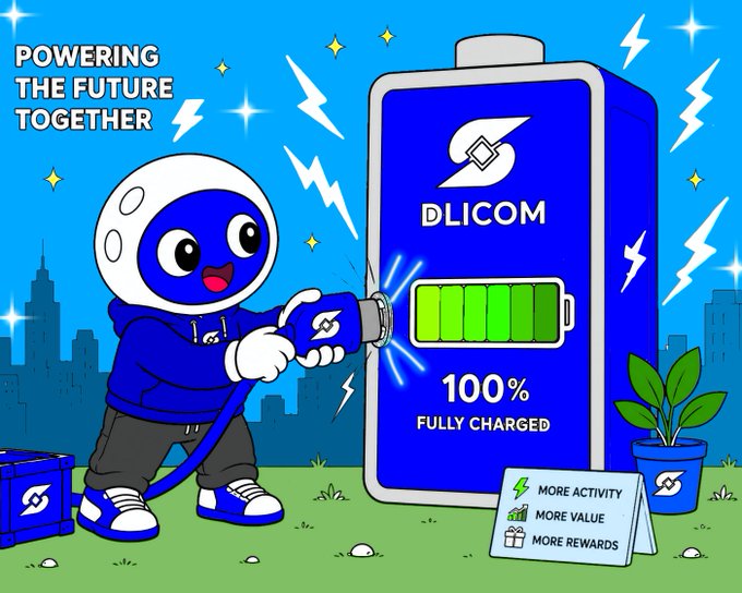 A cartoon mascot in a blue hoodie charging a battery labeled 'DLICOM 100% FULLY CHARGED' with the tagline 'POWERING THE FUTURE TOGETHER' and benefits listed as 'MORE ACTIVITY, MORE VALUE, MORE REWARDS'.