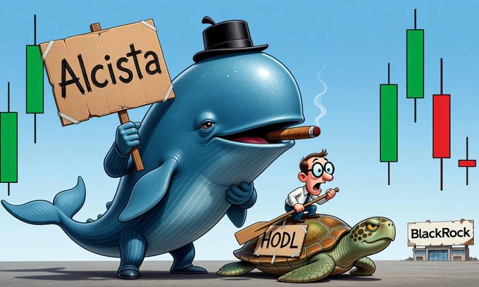 A cartoon whale wearing a top hat and smoking a cigar holds an "Alcista" (bullish) sign while standing over a small turtle labeled "HODL" with a panicked investor, set against a backdrop of green and red candlestick charts and a "BlackRock" building—visually representing bullish momentum in the crypto market, fitting the post about AVAX breaking resistance with a 13.15% surge.