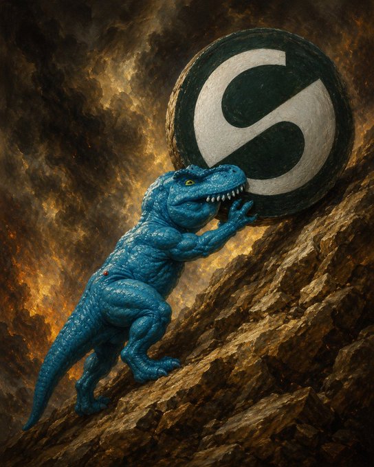 A blue T-Rex pushes a large stone sphere marked with an "S" up a rocky, fiery slope, symbolizing the Herculean effort of holding and buying through volatility. The image visually reinforces the post's message of steadfastly supporting $FEFER despite market pressure, as the dinosaur represents "strong hands" pushing through the adversity toward new highs.