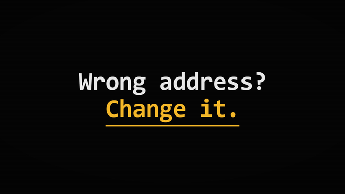A black background displays white and yellow text reading "Wrong address? Change it." with "Change it." underlined in yellow. The image directly corresponds to the post's instructions for correcting an address on an application via zaddr.net.