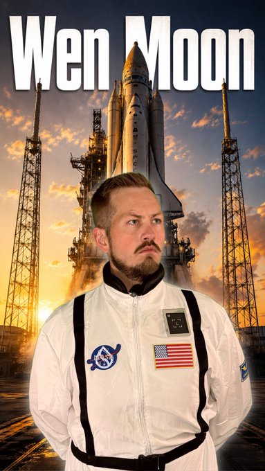 A meme image featuring a man in a NASA-style spacesuit with a rocket launch in the background, captioned 'Wen Moon' in large white text.