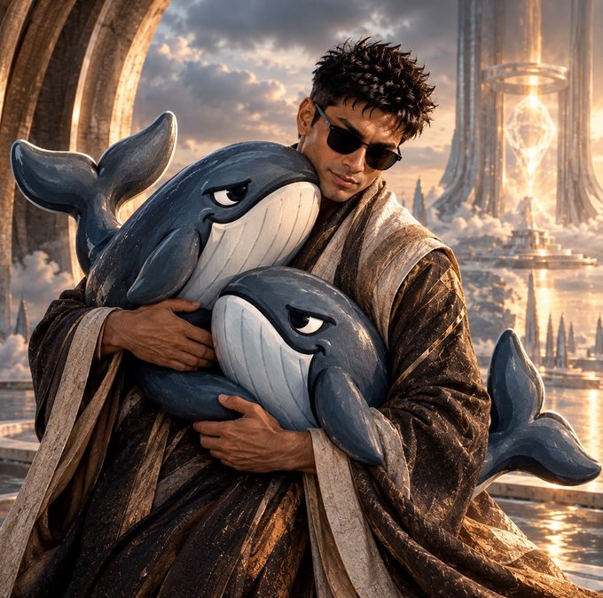 A digital artwork depicting a young man in flowing brown robes and sunglasses embracing two stylized whales, set against a futuristic cityscape.