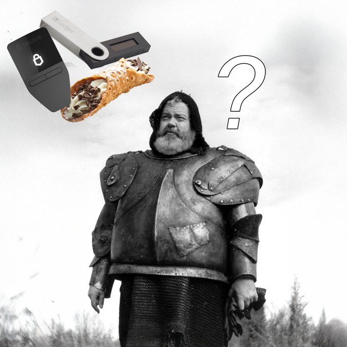 A bearded armored man (resembling "The Mountain" from Game of Thrones) looks confused beside floating Trezor and Ledger hardware wallets and a cannoli, humorously illustrating the post's warning that smartphones are insecure substitutes for dedicated cold storage devices like Trezor and Ledger for long-term crypto holdings.