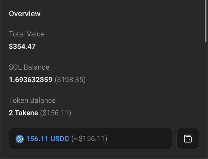 A digital wallet overview displays a Total Value of $354.47, with 1.69 SOL and 2 Tokens, including 156.11 USDC.