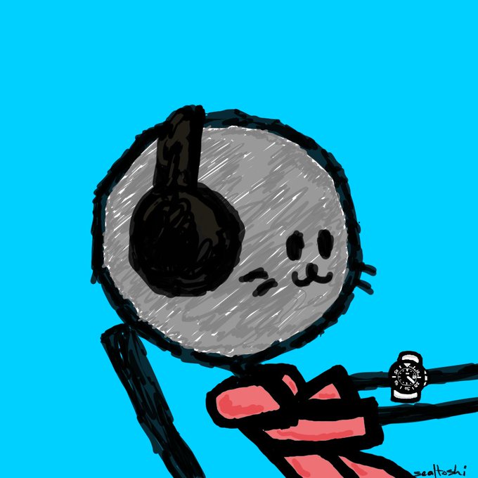 A digital drawing depicts a cute round character wearing headphones, holding a smartwatch on a bright blue background, signed 'saltoshi'.