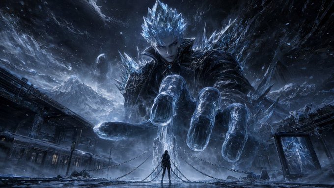 A colossal ice-covered figure with glowing blue crystalline spikes looms over a lone warrior standing amid chains and snow, evoking the post's tone of market dominance, survivorship, and unbreakable conviction tied to the $Aster and $Adog tokens.