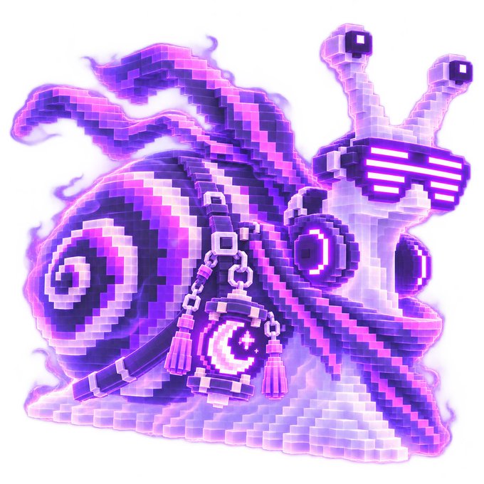 A pixel-art illustration of a purple and pink snail with a VR-style headset and glowing accents, rendered in a vaporwave aesthetic.