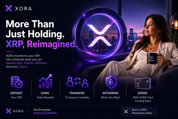 An advertisement for XORA titled 'More Than Just Holding. XRP, Reimagined.' showing a woman holding an XORA mug, highlighting features like Deposit, Earn, Transfer, Withdraw, and Spend.