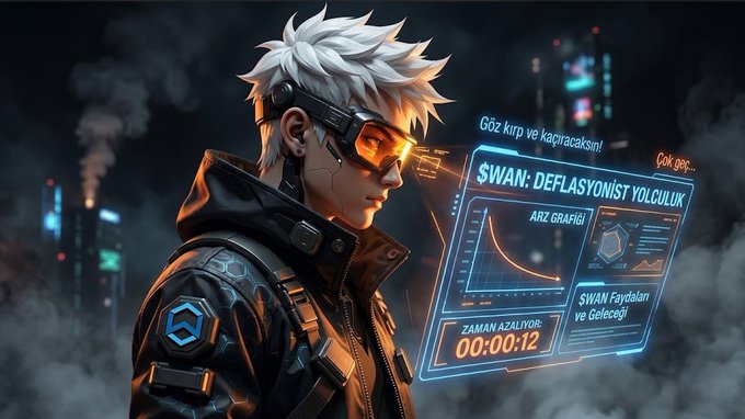 An anime-style digital illustration of a white-haired male character in tactical gear viewing holographic data displays with Turkish text including '$WAN' and '00:00:12'.
