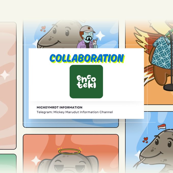 A collaboration announcement graphic featuring 'encoteki' branding, promoting the 'MICKEYRDT INFORMATION' Telegram channel called Mickey Marudut Information Channel, surrounded by cartoon character illustrations.