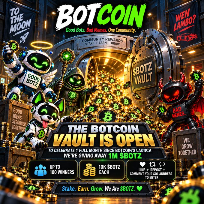 A vibrant promotional graphic for BotCoin ($BOTZ) featuring a "BOTCOIN VAULT IS OPEN" banner celebrating 1 month since launch with a giveaway of 1M $BOTZ split among 100 winners (10K each), alongside the tagline "Good Botz. Bad Memes. One Community." The image shows cartoon "Good Botz" and "Bad Memes" characters guarding piles of Bitcoin and $BOTZ coins, with instructions to follow @BotCoinBOTZ, like, repost, and drop a SOL address to enter.