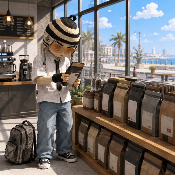A young boy wearing a striped beanie and tie reads a coffee bag label inside a modern waterfront café, with neatly arranged bags of coffee beans displayed on wooden shelves beside him. The image evokes the "GM" greeting, suggesting a casual, good-morning moment spent exploring coffee selections.