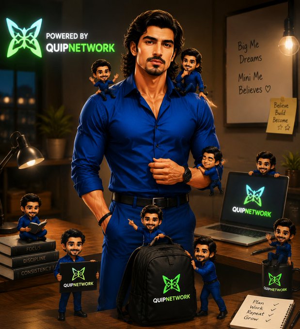 A stylized digital illustration of a man in a blue shirt surrounded by miniature versions of himself, branded with 'POWERED BY QUIPNETWORK' and featuring various QuipNetwork merchandise.