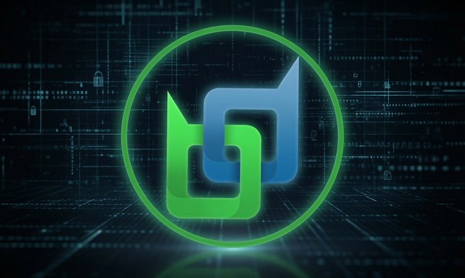 A glowing green circular logo featuring a stylized intertwined "H" or "N" design on a dark blue digital grid background, resembling a cryptocurrency or tech brand emblem.