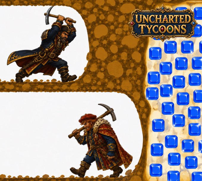 A promotional or game graphic for 'UNCHARTED TYCOONS' featuring two illustrated miners with pickaxes working in a gold mine with blue gem blocks on the right side.