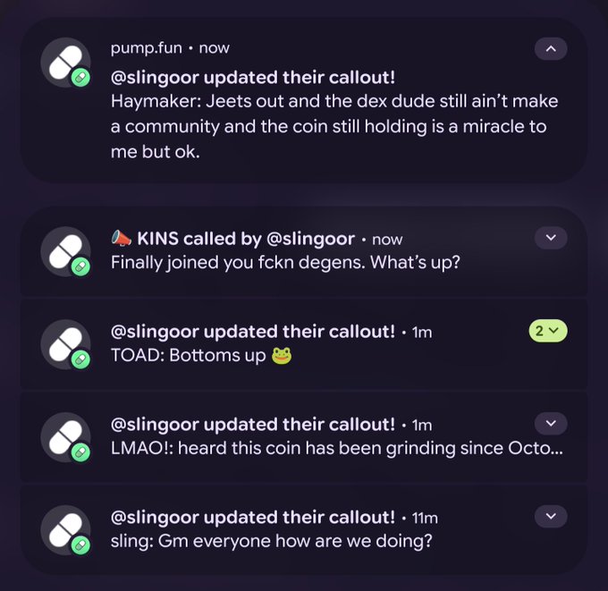 A screenshot of a messaging or social feed showing multiple updates from the user '@slingoor' and pump.fun, including callout messages for tokens like Haymaker, TOAD, LMAO, and sling.