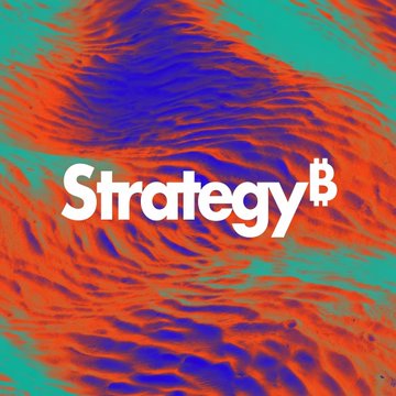 A vibrant, psychedelic image features the bold white text "Strategy" with a Bitcoin logo replacing the dot on the "i," set against a swirling background of orange, red, purple, and teal patterns. The design visually represents Strategy (formerly MicroStrategy, ticker $MSTR), the company mentioned in the post that reported an $8 billion Q2 loss despite growing its Bitcoin holdings by 11% and selling $218 million of BTC year-to-date.