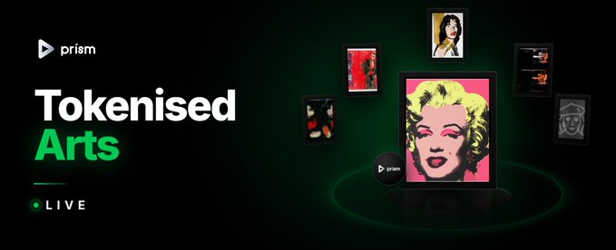 Promotional banner for 'Tokenised Arts LIVE' by Prism, featuring an Andy Warhol-style Marilyn Monroe portrait displayed on a screen surrounded by smaller artwork frames.
