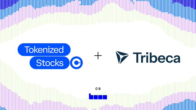 A graphic showing the logos of 'Tokenized Stocks' and 'Tribeca' side by side, set against a colorful abstract background with the word 'ON' below.