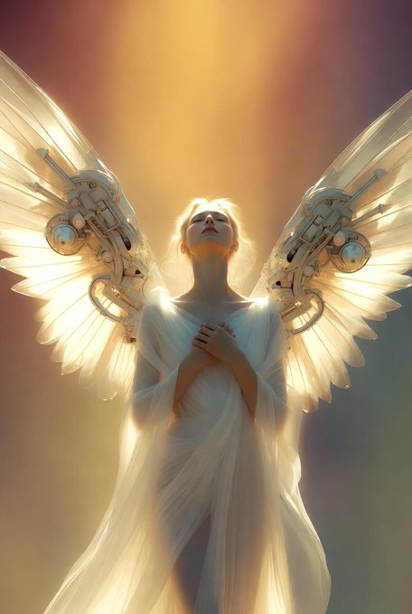 A digital artwork depicts an ethereal angelic figure with large white wings featuring mechanical elements, wearing a flowing white gown with her hands clasped and bathed in golden light from above.