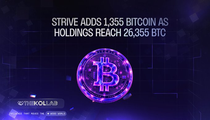 A promotional graphic featuring a glowing Bitcoin logo with text announcing 'STRIVE ADDS 1,355 BITCOIN AS HOLDINGS REACH 26,355 BTC' from THE KOLLAB.