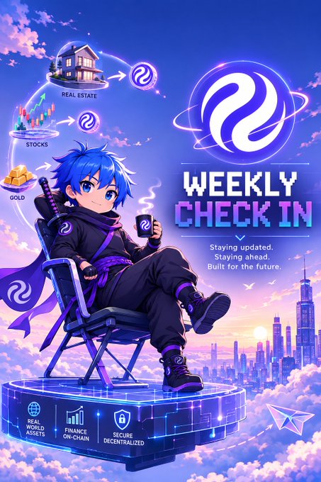 An anime-style promotional graphic featuring a blue-haired character holding a cup, with text "WEEKLY CHECK IN" and "Staying updated. Staying ahead. Built for the future," alongside icons for real estate, stocks, and gold.