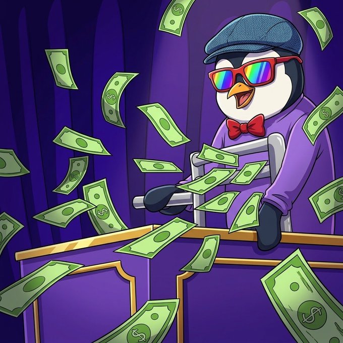 A cartoon penguin wearing rainbow sunglasses, a flat cap, and a red bow tie sits amid a shower of falling dollar bills, holding a cane against a purple curtain background.