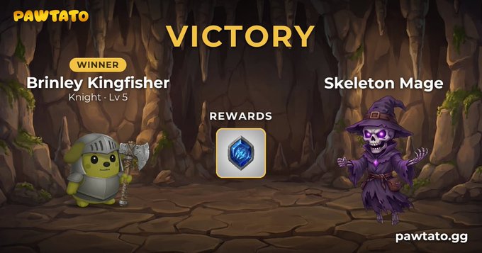 A victory screen from the game PAWTATO showing 'WINNER Brinley Kingfisher Knight - Lv5' defeating a 'Skeleton Mage' with rewards displayed.