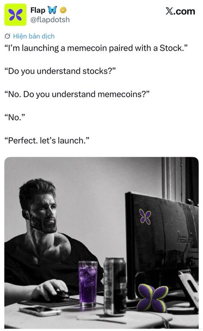 A tweet from Flap (@flapdotsh) joking about launching a memecoin paired with a stock when nobody understands either, accompanied by a photoshopped image of a man with his face removed.