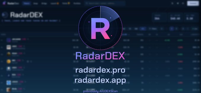 A promotional graphic for RadarDEX displaying its logo with the text 'radardex.pro' and 'radardex.app', noting it was 'previously ArcDEXScan'.
