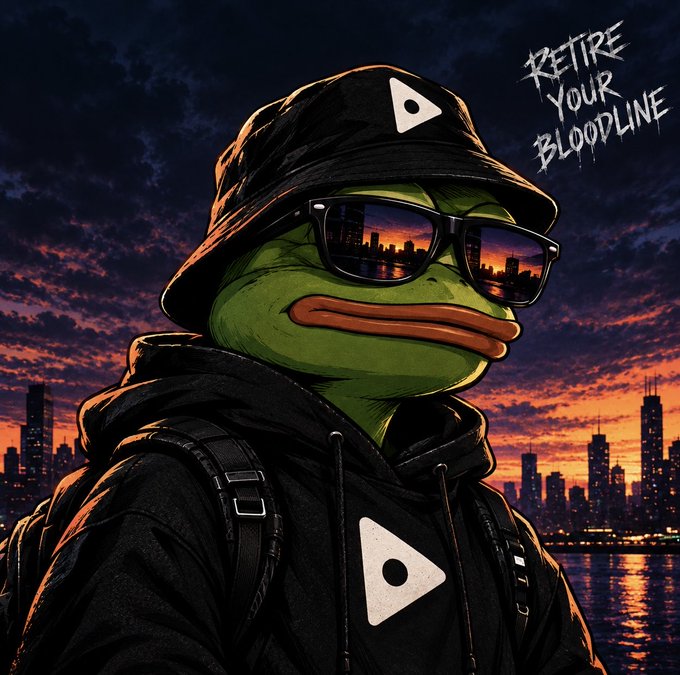 Digital artwork of a Pepe the Frog character wearing a black bucket hat, sunglasses with a city skyline reflection, and a black hoodie with triangle logos, with text reading 'RETIRE YOUR BLOODLINE' against a sunset cityscape background.