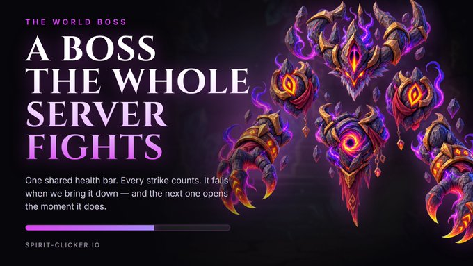A promotional banner for SPIRIT-CLICKER.IO reads 'THE WORLD BOSS: A BOSS THE WHOLE SERVER FIGHTS' with descriptive text explaining shared health mechanics, alongside illustrations of multiple monstrous purple and gold demonic figures.