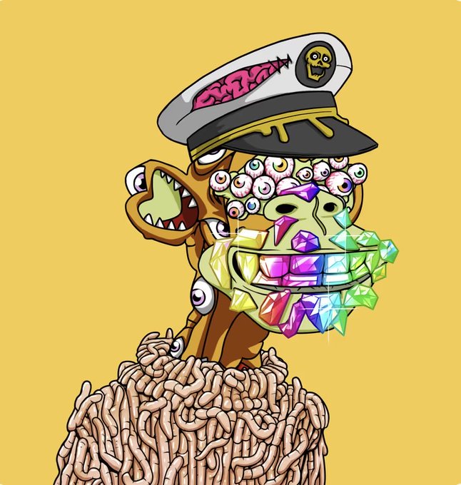A surreal cartoon illustration depicting a grotesque, zombie-like figure with a sailor's hat, multiple eyeballs, a wide mouth full of colorful gemstones, and an exposed brain, emerging from a pile of intestines.