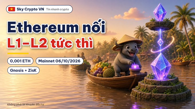 A promotional banner for 'Sky Crypto VN' advertising Ethereum L1-L2 swapping with 0.001 ETH, mainnet 06/10/2026, and Gnosis + ZisK, featuring a cartoon water buffalo in a boat and Ethereum crystal logos.