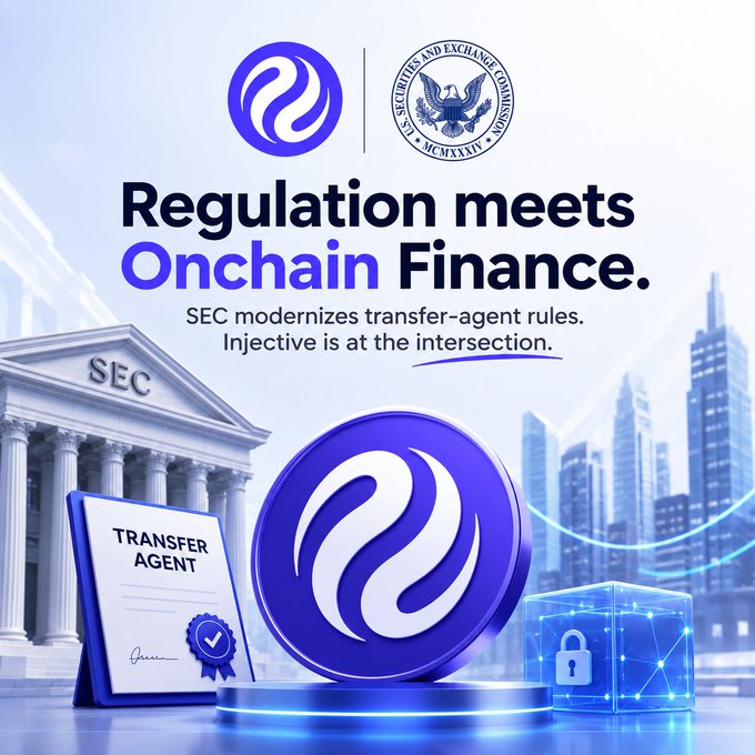 A promotional graphic reading 'Regulation meets Onchain Finance. SEC modernizes transfer-agent rules. Injective is at the intersection.' featuring the Injective logo, the SEC seal, a transfer agent certificate, and a government building with skyscrapers in the background.