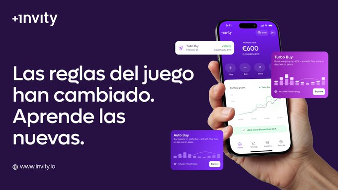 An advertisement for Invvity featuring the Spanish tagline "Las reglas del juego han cambiado. Aprende las nuevas" alongside a smartphone displaying a crypto portfolio of €600 and various trading strategies like Turbo Buy and Auto Buy.
