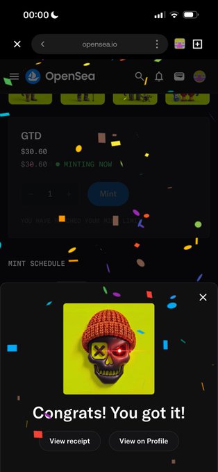 A mobile screenshot of an OpenSea NFT minting page on opensea.io, showing a successful mint of a skull wearing a red beanie with X eyes and a laser eye, with confetti effects and a 'Congrats! You got it!' message.