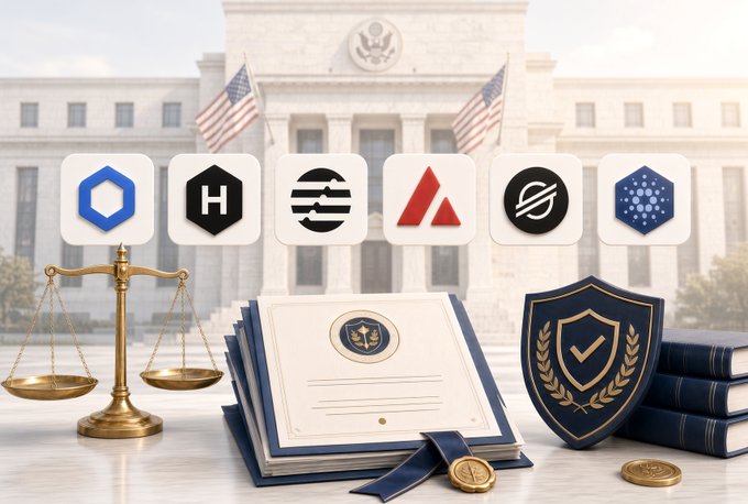 A legal and crypto-security-themed graphic displays coin and platform logos above scales of justice, official documents, a shield, law books, and coins in front of a government building.