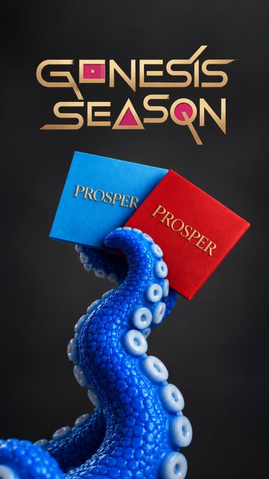 A promotional image for "Genesis Season" featuring a blue octopus tentacle holding two cards labeled "PROSPER" (one blue, one red) against a black background.