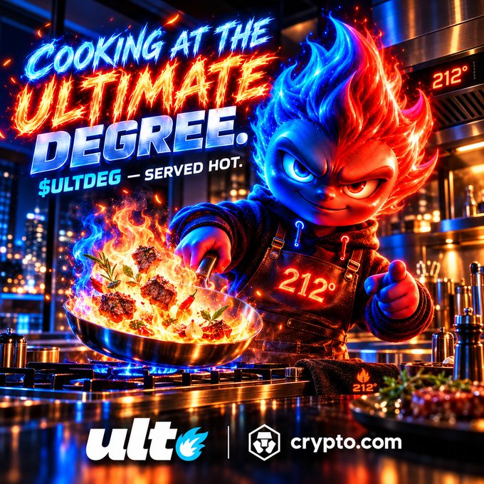 A promotional graphic reading "Cooking at the Ultimate Degree" with text "$ULTDEG — Served Hot" featuring a flaming-haired character cooking, with "ult" and "crypto.com" logos at the bottom.