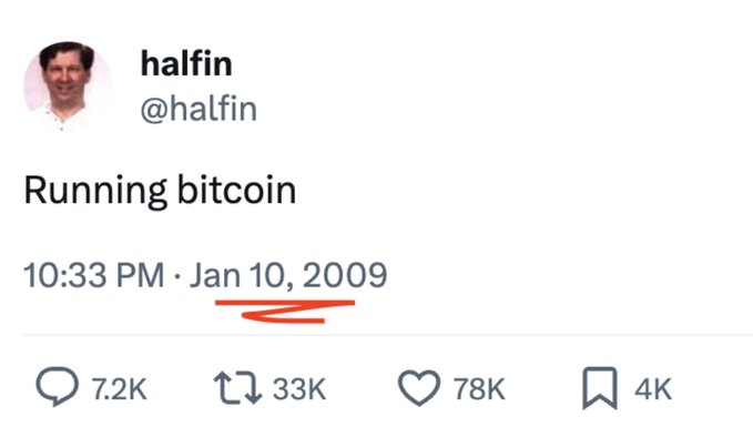 A tweet from user 'halfin' (@halfin) at '10:33 PM · Jan 10, 2009' with the text 'Running bitcoin', receiving 7.2K replies, 33K retweets, and 78K likes.
