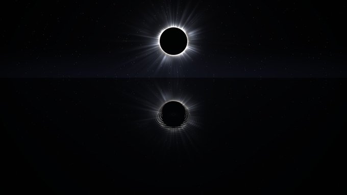 A black and white photograph captures a total solar eclipse, featuring the sun's bright corona surrounding the dark moon, with its reflection mirrored in the dark water below.