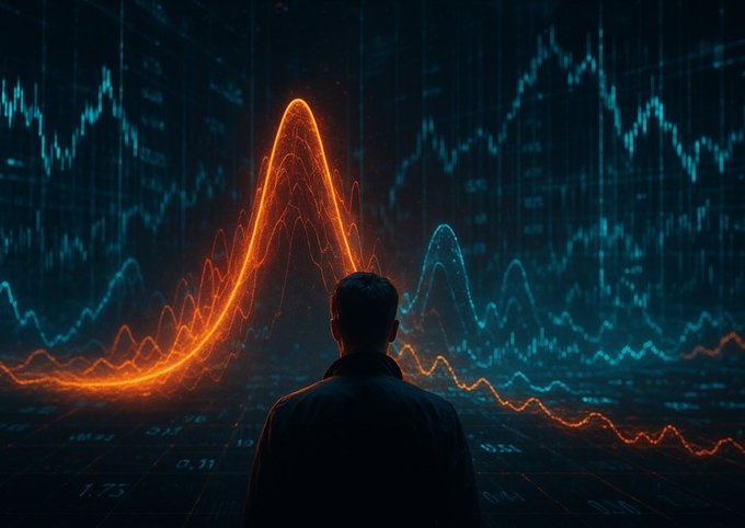 A person wearing a black jacket stands facing into an abstract representation of financial markets, including lines of data and graphs. The market appears vibrant with orange and blue curves representing continuous fluctuations. In the background, the text mentions that someone has just launched a Kraken trading platform for U.S. traders, and it is currently regulated in the United States instead of being offshore.