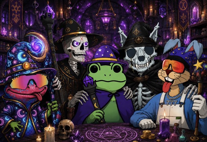 A colorful cartoon illustration of a group including a wizard frog, skeletons, and a sunglasses-wearing bunny gathered around a pentagram table in a gothic, purple-lit room filled with magical artifacts.